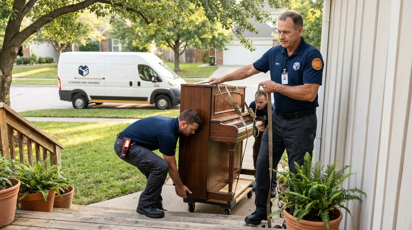Licensed piano movers securing grand piano in Bridgewater, VA